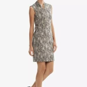 M.M. Lafleur Aditi Crackle Dress Black White Sheath V neck 2 Zip Lined S…